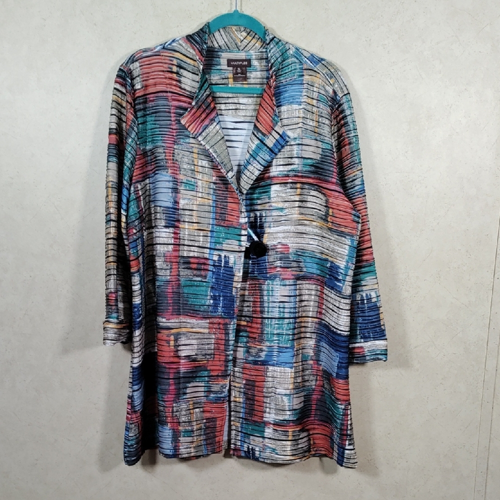 G176 Multiples multi-color pleated patchwork long line jacket XL